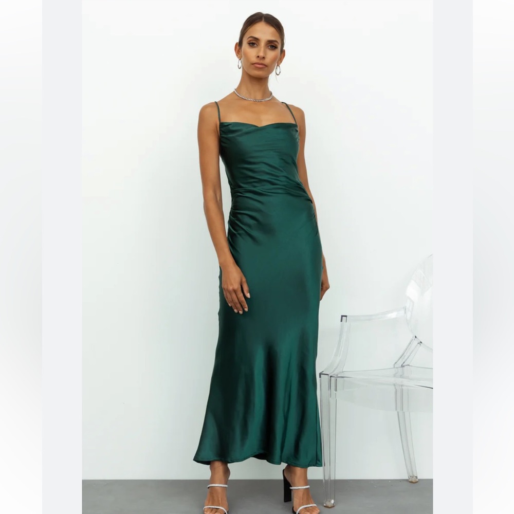 Revelry size 8- forest green satin maxi dress with slit